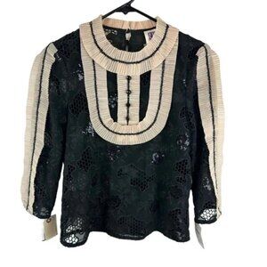 Anna Sui Black Embroidered Lace Floral Blouse Top XS